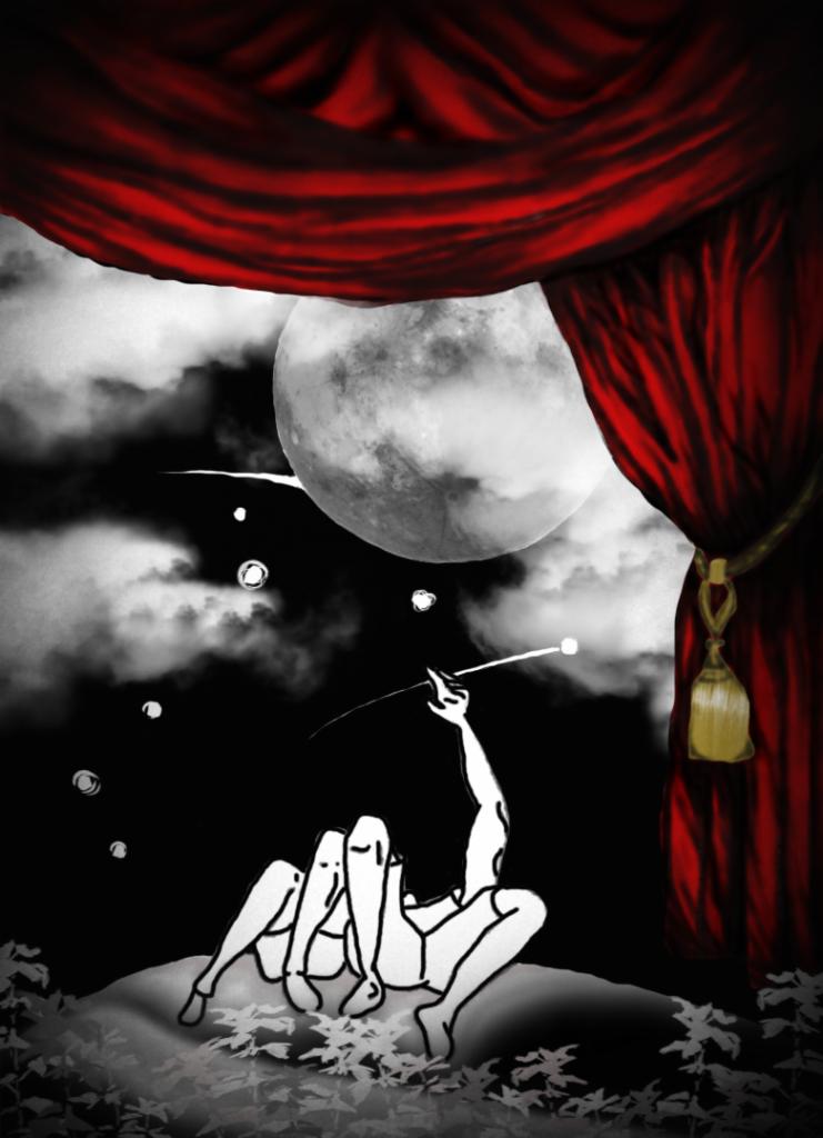 Stylizowana ilustracja przedstawia postacie w monochromatycznym stylu na tle księżyca i chmur, z czerwonymi zasłonami w tle, sugerując scenę teatralną lub performance.