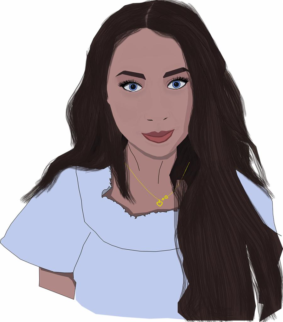 Ilustracja portretowa kobiety z długimi, ciemnymi włosami, niebieskimi oczami i delikatnym uśmiechem, noszącej jasnoniebieską bluzkę i złotą biżuterię z motywem serca.