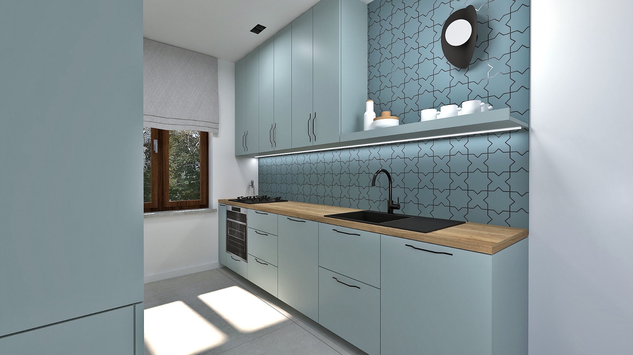 Wizualizacja kuchni z błękitnymi frontami szafek, drewnianym blatem i wzorzystą ścianą nad blatem, oświetlona listwą LED pod górnymi szafkami.