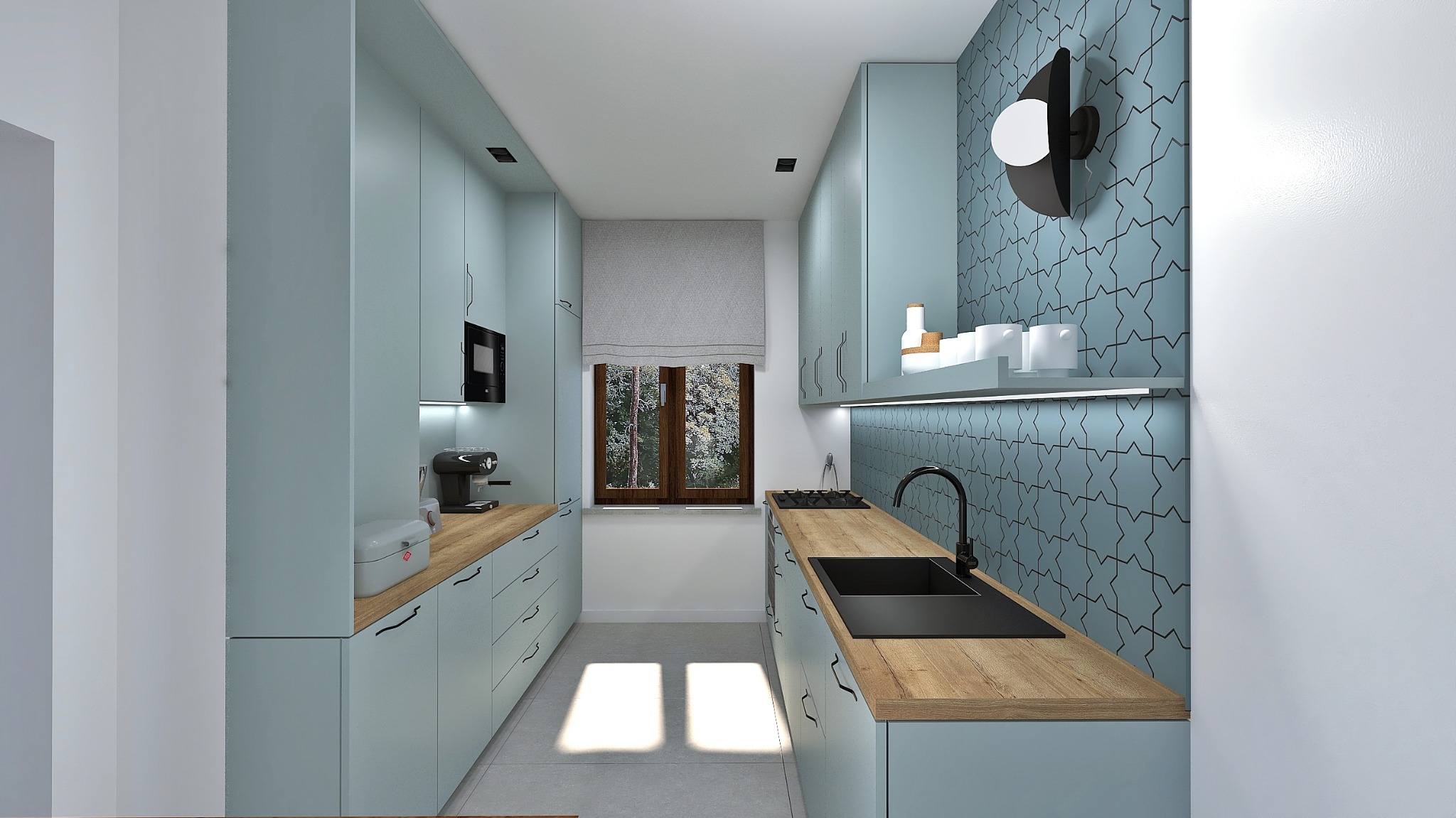 Wąska, nowoczesna kuchnia w odcieniach błękitu z drewnianymi blatami, oświetleniem LED pod szafkami i dekoracyjną ścianą z geometrycznym wzorem, widziana w perspektywie wnętrza.