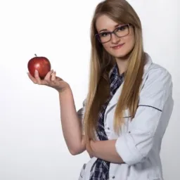 Uśmiechnięta blondynka w okularach i białym fartuchu lekarskim prezentuje czerwone jabłko na otwartej dłoni na jasnym tle.