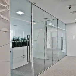 Szklane drzwi przesuwne w biurze z minimalistycznym designem, z widoczną dekoracją w postaci roślin w białej donicy. Wykończenie w odcieniach bieli i szarości.