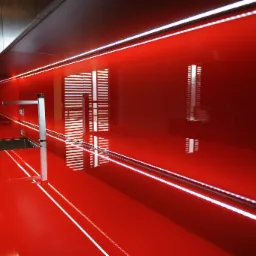 Błyszcząca, czerwona szklana ściana w kuchni z podświetleniem LED. Nowoczesny zlew i bateria odbijają światło, tworząc geometryczne wzory.