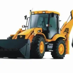 Żółta koparko-ładowarka JCB z czarną łyżką z przodu i z tyłu, na białym tle, widok z przodu.