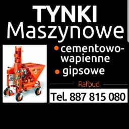 Grafika reklamowa z pomarańczową maszyną do tynków PFT G4, informująca o tynkach cementowo-wapiennych i gipsowych, nazwa firmy Rafbud oraz numer telefonu.