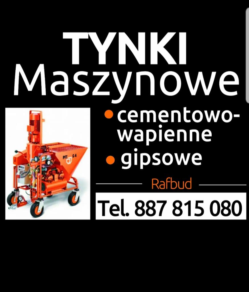 Grafika reklamowa z pomarańczową maszyną do tynków PFT G4, informująca o tynkach cementowo-wapiennych i gipsowych, nazwa firmy Rafbud oraz numer telefonu.