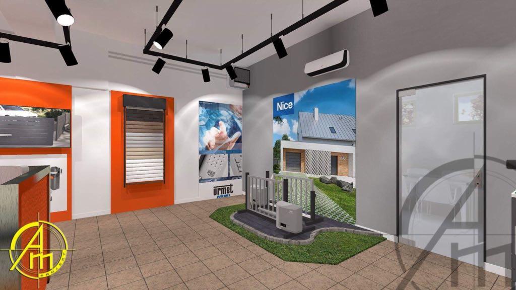 Wnętrze salonu wystawowego prezentującego systemy automatyki do bram, rolet i domofonów różnych producentów, z ekspozycją na tle aranżacji ogrodowej.