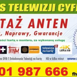Baner reklamowy serwisu telewizji cyfrowej oferującego montaż anten, sprzedaż, naprawy i gwarancje. Informacja o pogotowiu antenowym i możliwości płatności kartą.