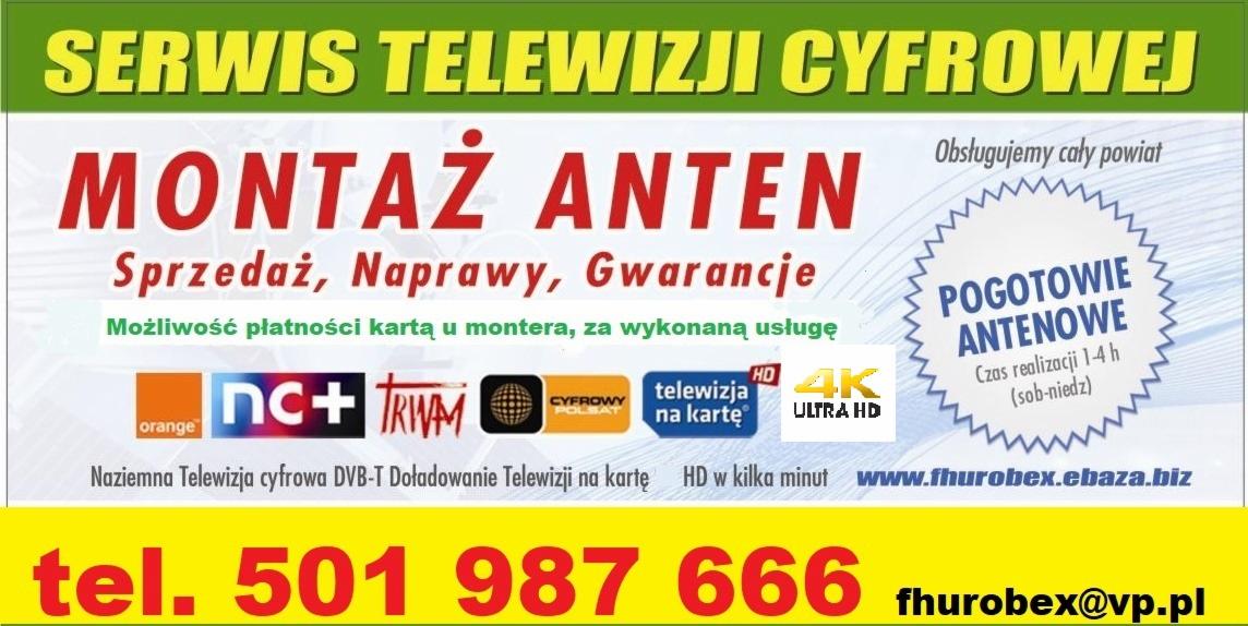 Baner reklamowy serwisu telewizji cyfrowej oferującego montaż anten, sprzedaż, naprawy i gwarancje. Informacja o pogotowiu antenowym i możliwości płatności kartą.