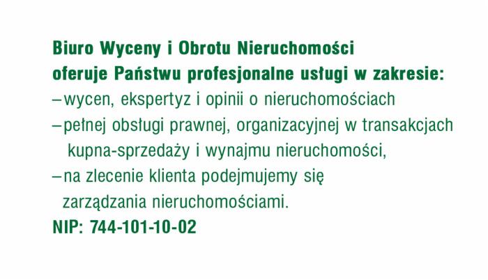 Tekst informacyjny biura wyceny i obrotu nieruchomości, oferującego usługi wycen, ekspertyz, obsługi prawnej transakcji kupna-sprzedaży i zarządzania nieruchomościami. Zawiera NIP.