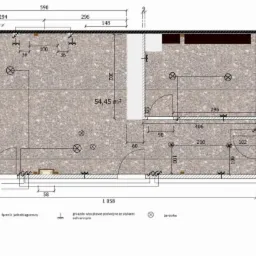 Rzut poziomy mieszkania z wymiarami, rozmieszczeniem oświetlenia, gniazd i przełączników, prezentujący plan układu pomieszczeń.