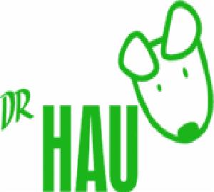 Zielone logo z napisem 'DR HAU' i uproszczonym rysunkiem głowy psa z długimi uszami.