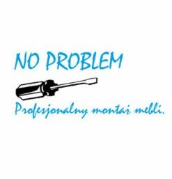 Niebieski napis 'NO PROBLEM' i 'Profesjonalny montaż mebli' z grafiką śrubokręta na białym tle.