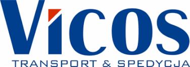 Logo firmy Vicos Transport & Spedycja. Granatowy napis z pomarańczowym akcentem.