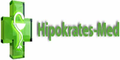 Zielone logo Hipokrates-Med z symbolem Eskulapa w krzyżu.