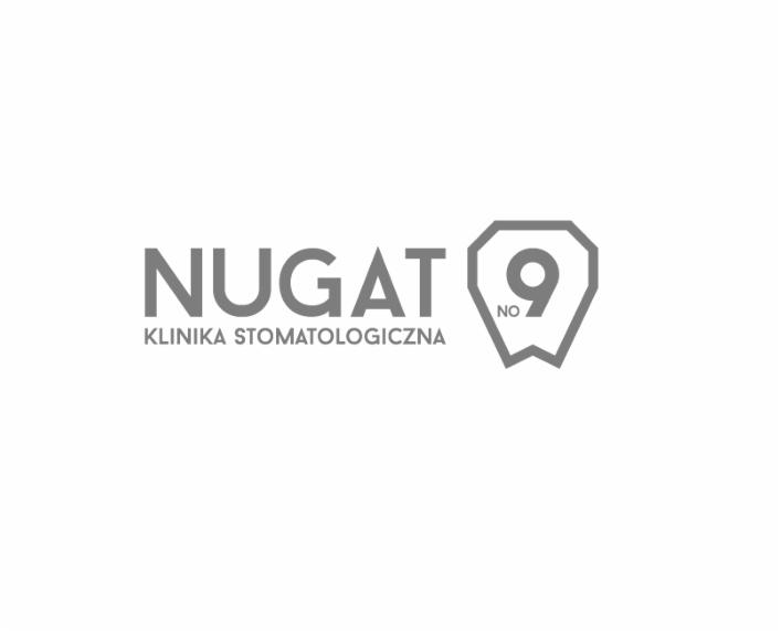 Szare logo kliniki stomatologicznej 'Nugat' z numerem 9 w kształcie znacznika lokalizacji na białym tle.