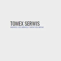 Logo firmy Tomex Serwis, eksperci od serwisu i montażu bram, na jasnoszarym tle.