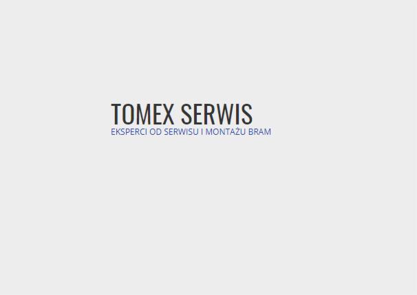 Logo firmy Tomex Serwis, eksperci od serwisu i montażu bram, na jasnoszarym tle.