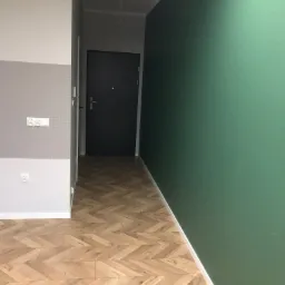 Wnętrze mieszkania po remoncie: parkiet w jodełkę, ściana pomalowana na zielono, fragment ściany z szarą tapetą z drobnym wzorem i gniazdkami elektrycznymi, ciemne drzwi wejściowe.