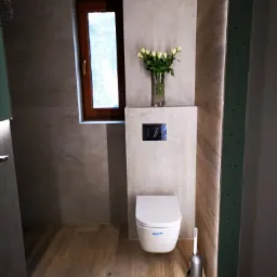 Nowoczesna łazienka z wiszącą toaletą, szarą płytką imitującą beton, drewnopodobną podłogą i bukietem białych róż w szklanym wazonie.