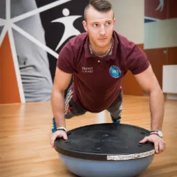 Trener Łukasz z Jankowic w trakcie ćwiczeń na bosu. Mężczyzna w koszulce polo z logo, w pozycji pompki, skupiony. Sala fitness z grafiką w tle.