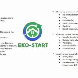 Folder reklamowy firmy EKO-START oferującej usługi ogólnobudowlane, gospodarkę terenów zielonych, sprzątanie budynków, odśnieżanie i usługi transportowe do 4 ton.