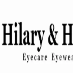 Logo firmy Hilary & Hilary Eyecare Eyewear z abstrakcyjnym symbolem oka w brązowo-fioletowej kolorystyce.