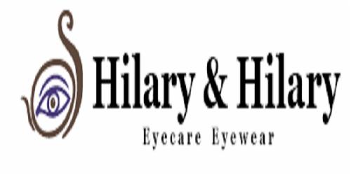 Logo firmy Hilary & Hilary Eyecare Eyewear z abstrakcyjnym symbolem oka w brązowo-fioletowej kolorystyce.