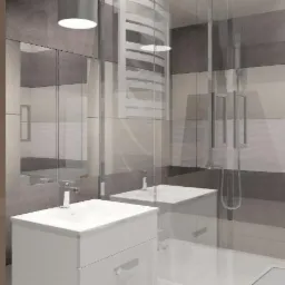 Wizualizacja nowoczesnej łazienki z białymi umywalkami nablatowymi, szklaną kabiną prysznicową, grzejnikiem drabinkowym i poziomymi pasami płytek w odcieniach szarości, widok na drewniane drzwi...