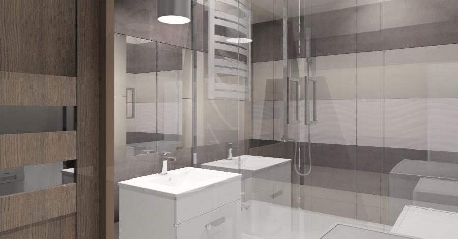 Wizualizacja nowoczesnej łazienki z białymi umywalkami nablatowymi, szklaną kabiną prysznicową, grzejnikiem drabinkowym i poziomymi pasami płytek w odcieniach szarości, widok na drewniane drzwi...