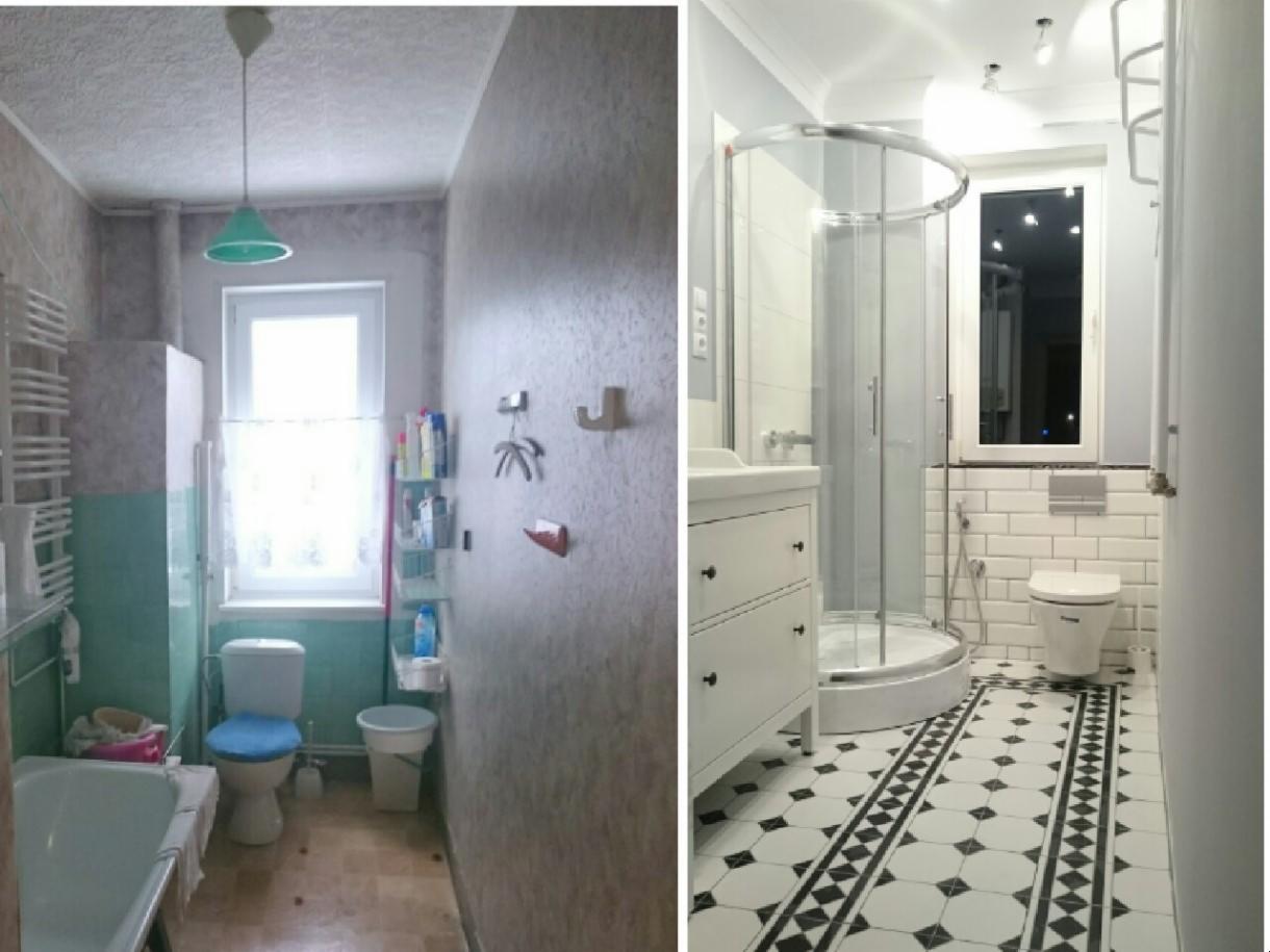 Porównanie łazienki przed i po remoncie: po lewej stronie stara, zaniedbana łazienka z niebieską toaletą i zielonymi akcentami; po prawej stronie odnowiona, nowoczesna łazienka z białą armaturą...
