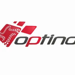 Logo firmy Optino z czerwonym, stylizowanym symbolem kostki z białymi kropkami i szarym napisem.