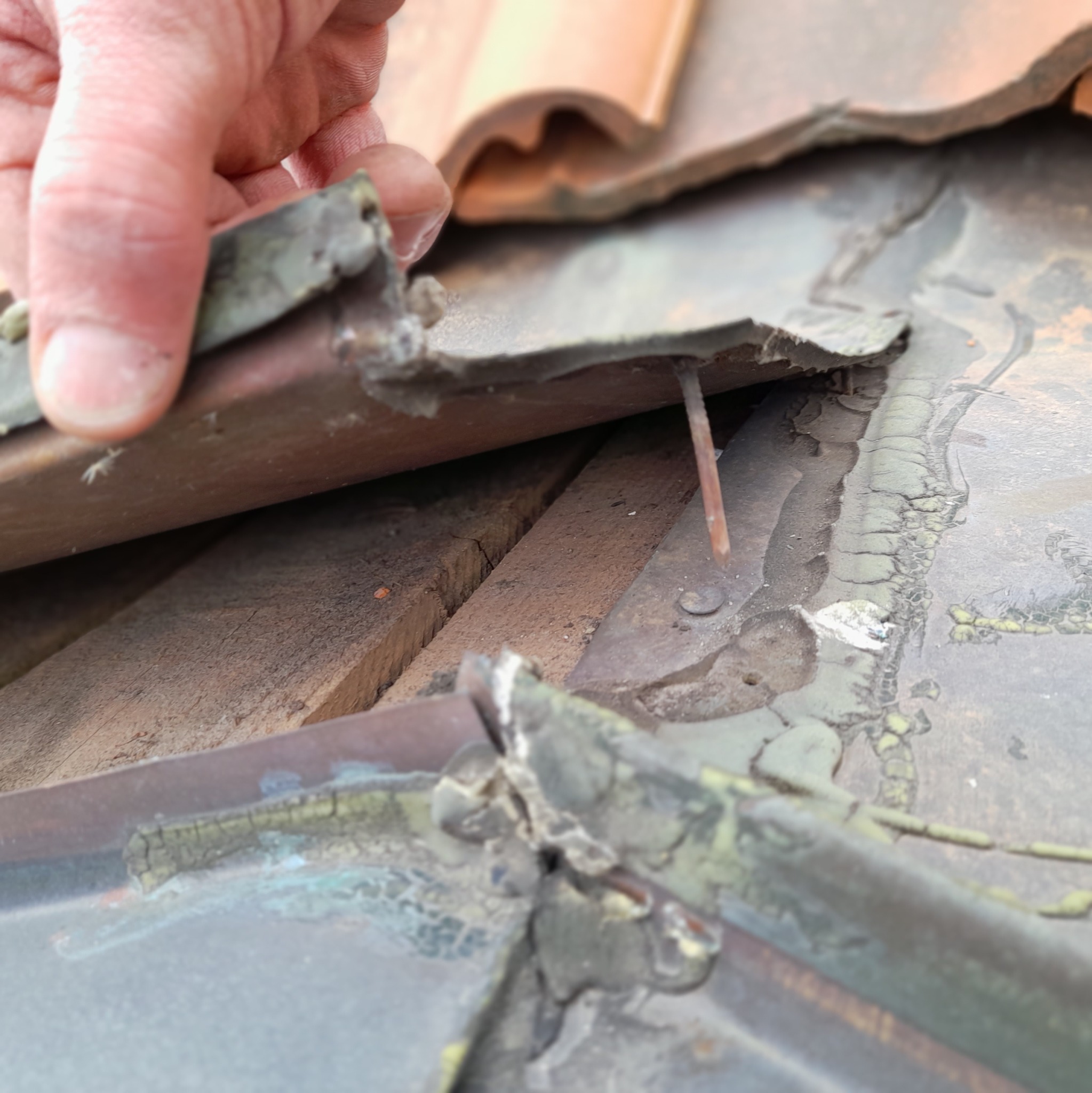 Detail of a roof edge with a visible nail and weathered flashing being inspected by a hand, revealing the wooden structure underneath the tiles.