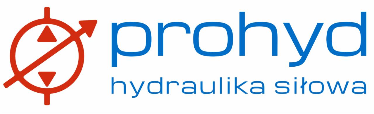 Logo firmy Prohyd z czerwonym symbolem graficznym i niebieskim napisem 'prohyd hydraulika siłowa'.
