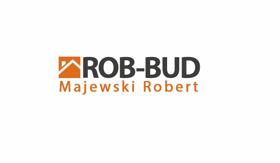 Logo firmy ROB-BUD Majewski Robert z pomarańczowym symbolem dachu nad nazwą.