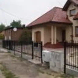 Czarne, metalowe ogrodzenie posesji z widocznym domem jednorodzinnym z czerwoną dach&oacute;wką w tle, ujęcie z poziomu gruntu.