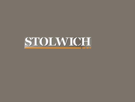 Logo firmy STOLWICH z białym napisem i pomarańczową linią na szarym tle.