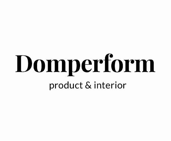 Logo firmy Domperform, specjalizującej się w produktach i aranżacji wnętrz, nazwa napisana czcionką szeryfową, pod nią mniejszy napis 'product & interior'.