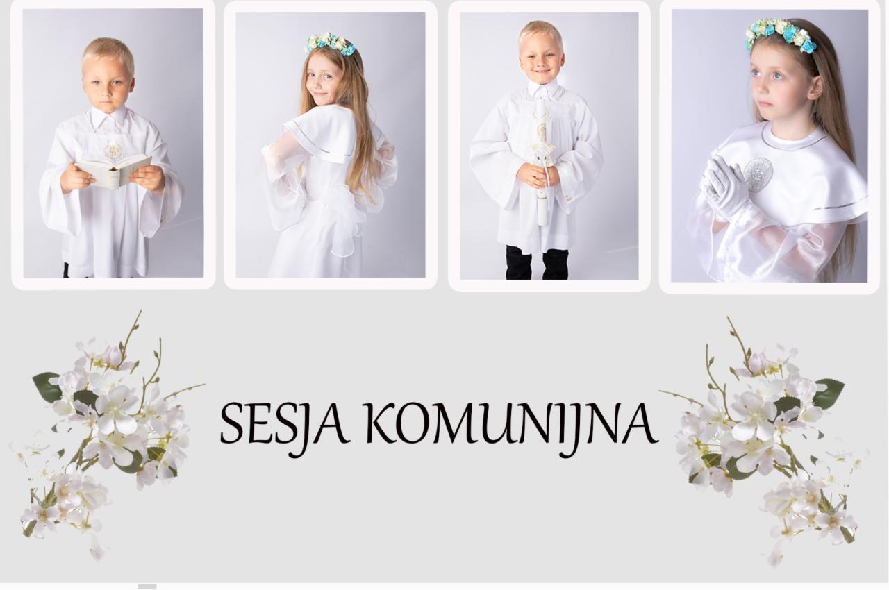 Kompozycja czterech portretów dzieci w białych strojach komunijnych na jasnoszarym tle z napisem 'Sesja Komunijna' i dekoracją kwiatową.