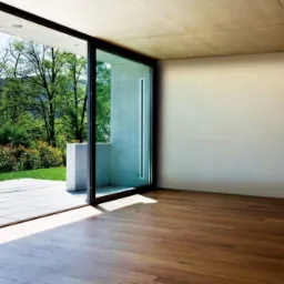 Nowoczesne, przesuwne okno tarasowe z czarnymi ramami, otwarte na taras z widokiem na zieleń, drewniana podłoga wewnątrz pomieszczenia, betonowy sufit.