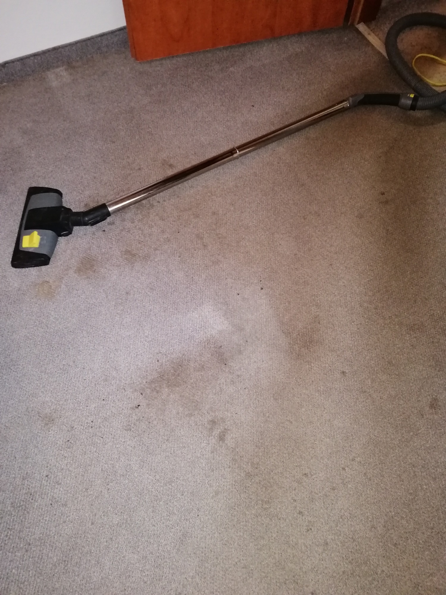 Szczotka odkurzacza na brudnym dywanie w trakcie czyszczenia, widoczne plamy i zabrudzenia.