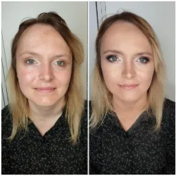 Portret kobiety przed i po wykonaniu makijażu, widoczne różnice w kolorycie skóry, podkreśleniu oczu i brwi.