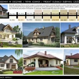 Kolaż prezentujący różne projekty elewacji domów jednorodzinnych z paletą kolorów RAL i oznaczeniami producentów farb.