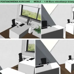 Wizualizacja biura z dwoma stanowiskami pracy, białe biurka z szarymi frontami, czarne krzesła obrotowe, okno z widokiem na zieleń, minimalistyczny design.