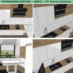 Wizualizacja kuchni z białymi szafkami, drewnianym blatem, czarnym zlewem i płytą indukcyjną, ukazująca narożne siedzisko z roślinami przy oknie.