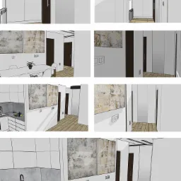 Wizualizacja wnętrz: hol wejściowy z szafą w zabudowie, jadalnia z białym stołem i krzesłami, kuchnia z białymi szafkami i szarym blatem, dekoracyjne obrazy na ścianach, parkiet na podłodze.