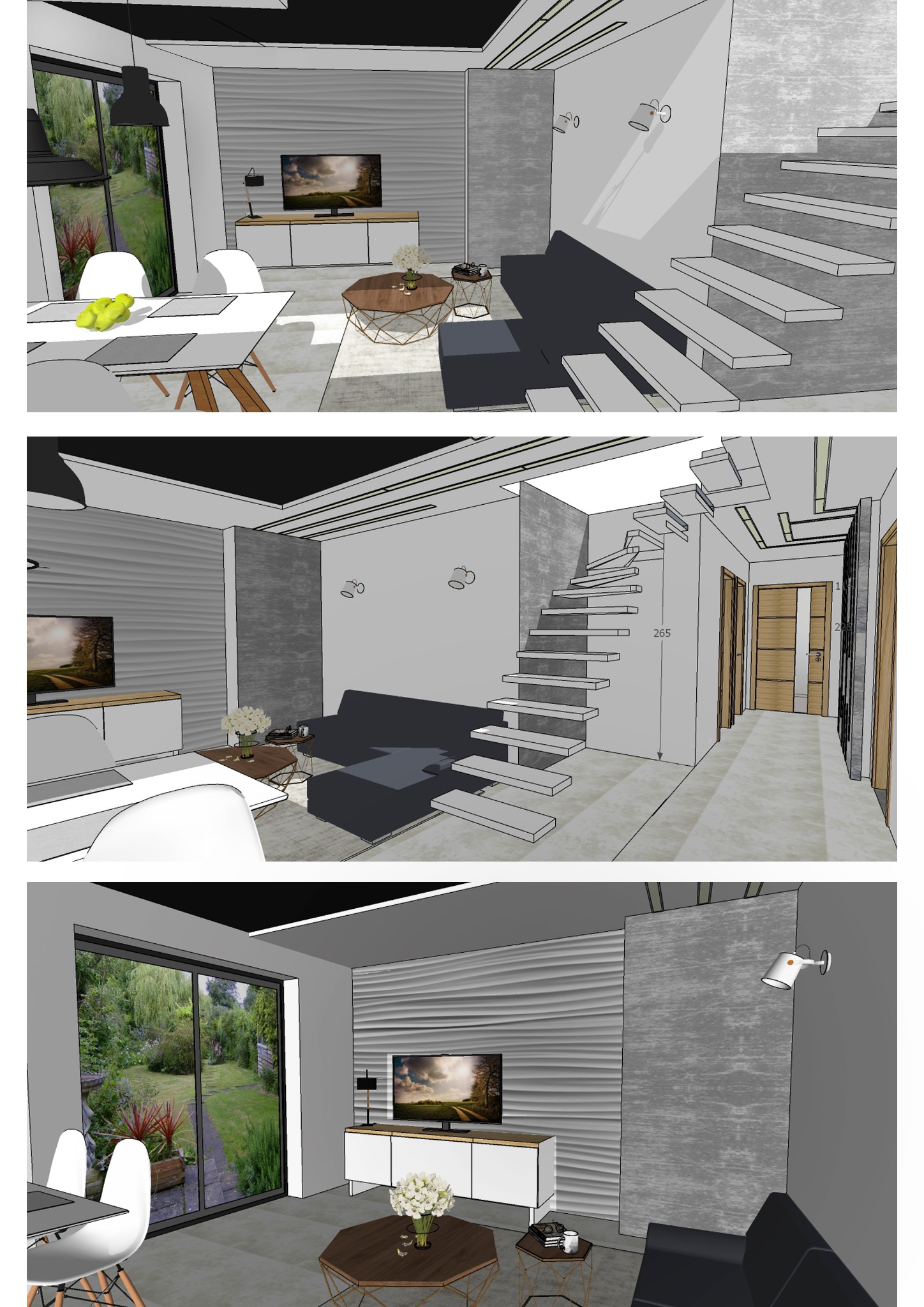 Wizualizacja salonu z jadalnią w nowoczesnym stylu: minimalistyczne schody, telewizor na komodzie, stół z owocami i widok na ogród przez duże okno.