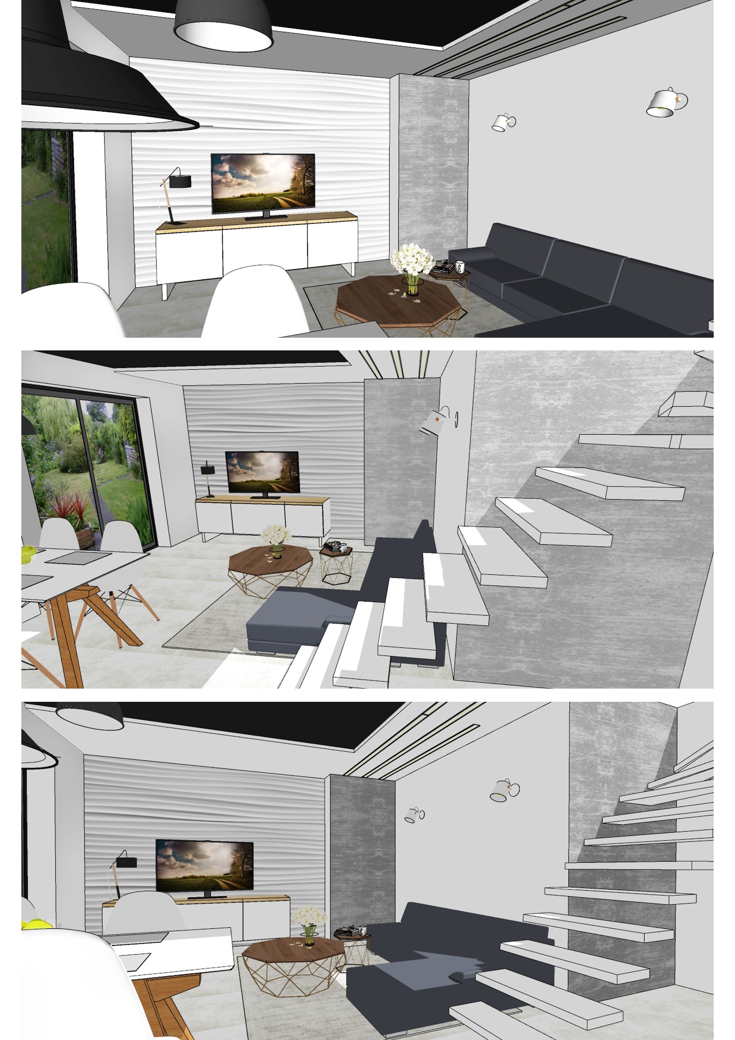 Wizualizacja wnętrza mieszkania z salonem, schodami i jadalnią, ukazująca nowoczesny design z białą ścianą z fakturą, drewnianym stolikiem kawowym i szarą sofą.