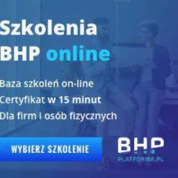 Grafika reklamowa szkoleń z zakresu bezpieczeństwa i higieny pracy online, z tekstem informującym o bazie szkoleń on-line, certyfikacie w 15 minut oraz ofercie dla firm i osób fizycznych. Reklama...