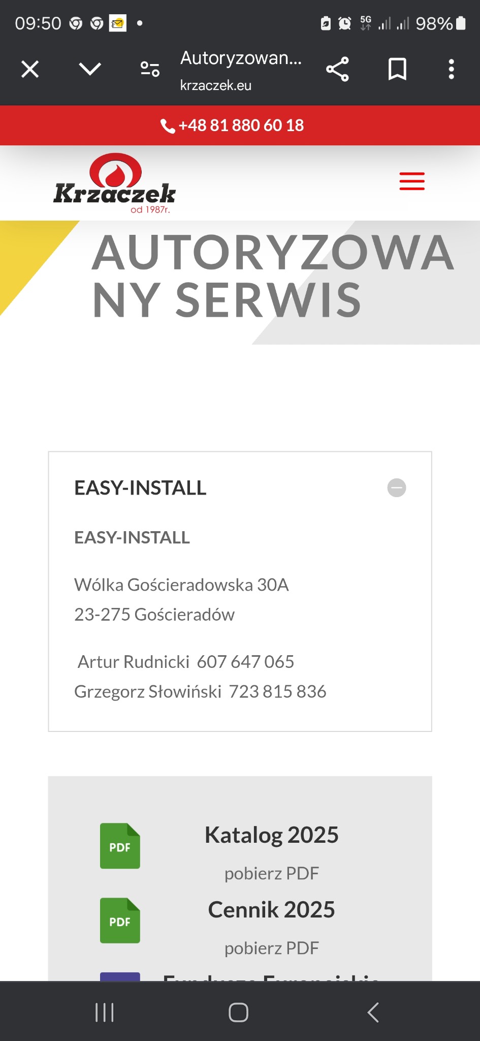 Strona internetowa firmy Krzaczek, autoryzowanego serwisu, z danymi kontaktowymi, adresem, numerami telefonów i odnośnikami do katalogu i cennika w formacie PDF.